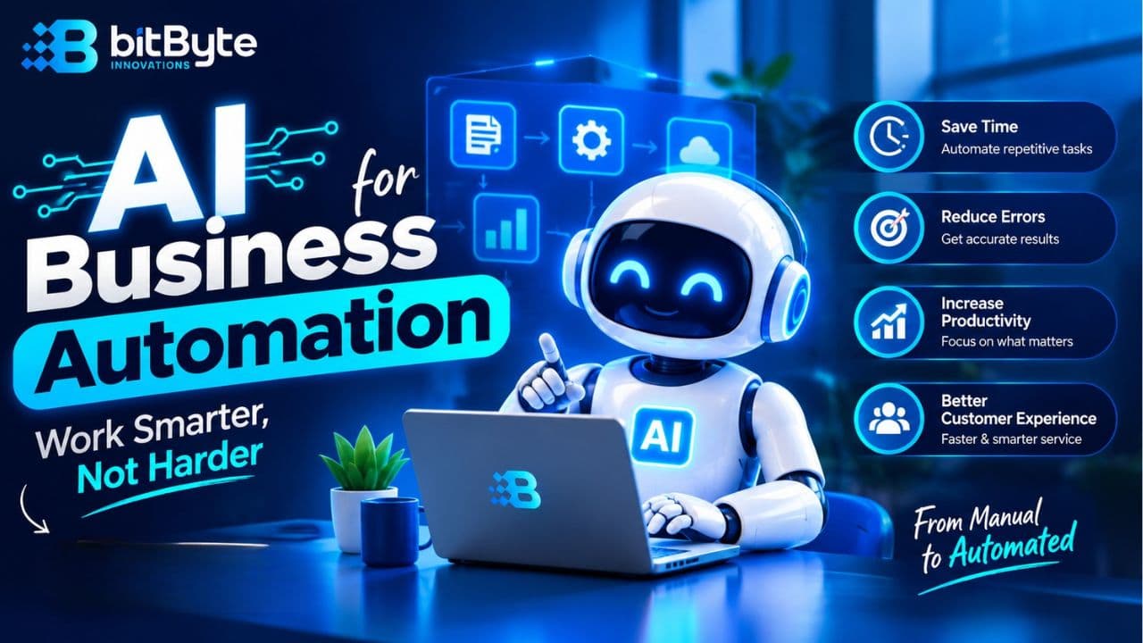 Friendly AI robot working on a laptop beside an automation workflow, with the headline "AI for Business Automation: Work Smarter, Not Harder"